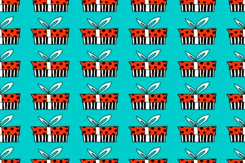 Vector Seamless pattern with contour gift box in doodle flat style. Hand draw Illustrazione stock