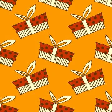 Vector Seamless pattern with contour gift box in doodle flat style. Hand draw Illustrazione stock
