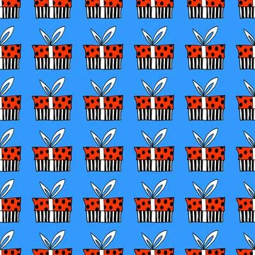Vector Seamless pattern with contour gift box in doodle flat style. Hand draw Illustrazione stock