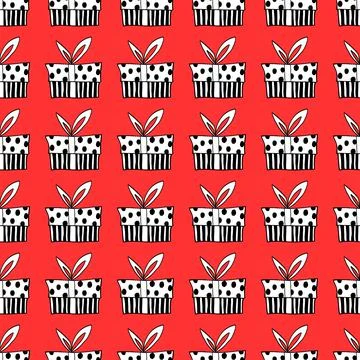 Vector Seamless pattern with contour gift box in doodle flat style. Hand draw Illustrazione stock