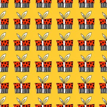 Vector Seamless pattern with contour gift box in doodle flat style. Hand draw Illustrazione stock