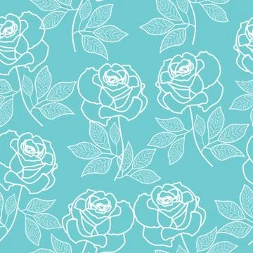 Vector seamless pattern with contour lines roses flowers on a turquoise backg Illustrazione stock