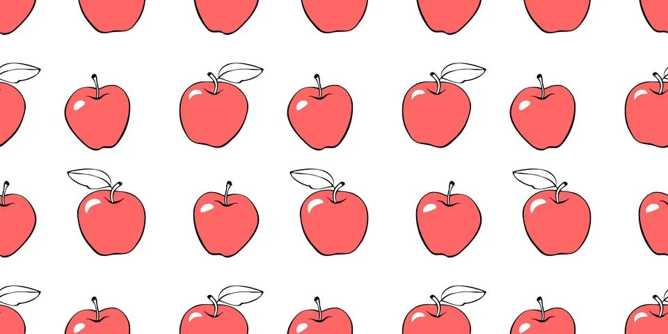 Vector seamless pattern with contour red apples. Bright fruit background and  イラスト素材