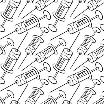 Vector seamless pattern with contour syringes. Hand drawn black outline doodl Stock-Illustration