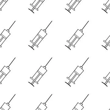 Vector seamless pattern with contour syringes. Hand drawn black outline doodl Stock Illustration