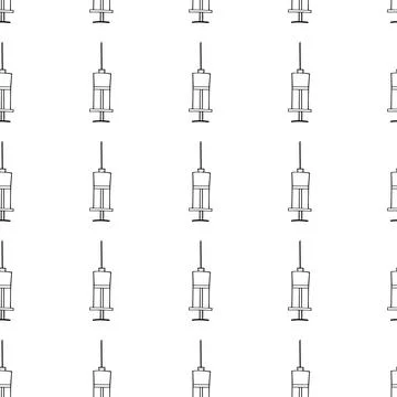 Vector seamless pattern with contour syringes. Hand drawn black outline doodl Stock Illustration