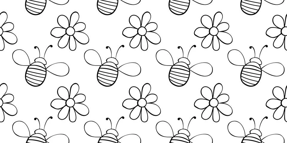Vector seamless pattern of contoured fat little bees and flowers in doodle st Stock Illustration
