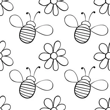 Vector seamless pattern of contoured fat little bees and flowers in doodle st Stock Illustration
