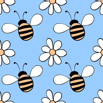Vector seamless pattern of contoured fat little bees and flowers in doodle st Illustrazione stock