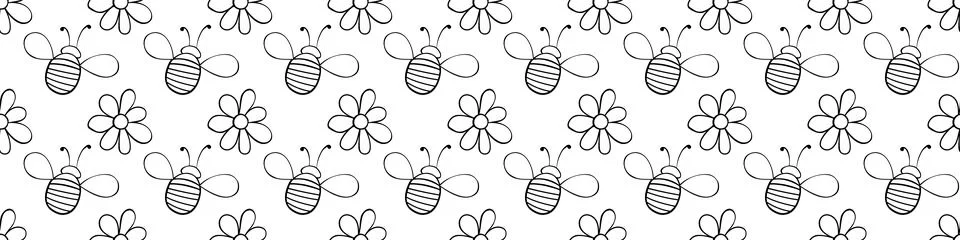 Vector seamless pattern of contoured fat little bees and flowers in doodle .. イラスト素材