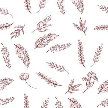 Vector seamless pattern with contoured flowers and leaves, vector background Stock Illustration