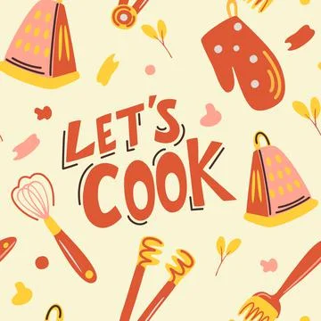 Vector seamless pattern with cooking utensils. Lets cook. Hand-drawn cute bac Stock Illustration