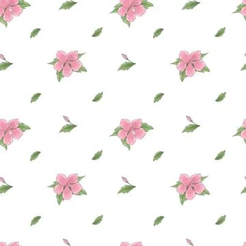 Vector seamless pattern of coral pink flowers and green leaves Illustrazione stock