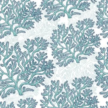 Vector seamless pattern corals. Polyps monochrome turquoise outline sketch Stock Illustration