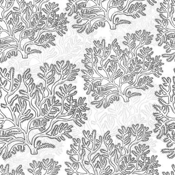 Vector seamless pattern corals. Polyps monochrome black white outline sketch Stock Illustration