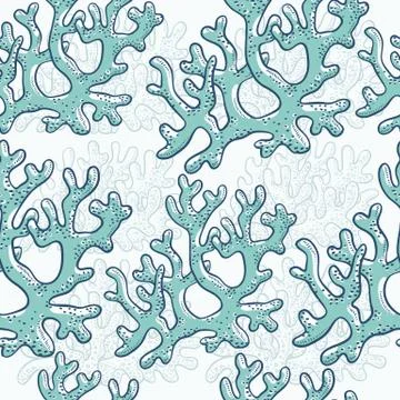 Vector seamless pattern corrals. Polyps monochrome turquoise outline sketch Stock Illustration