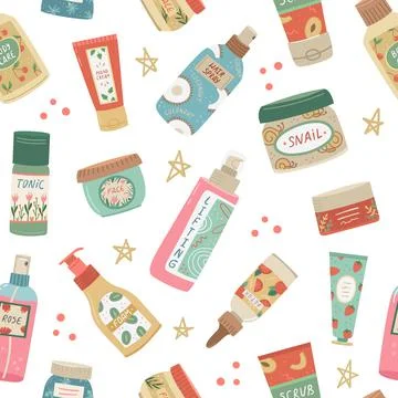 Vector seamless pattern with cosmetics for face and body care. Background for Stock-Illustration