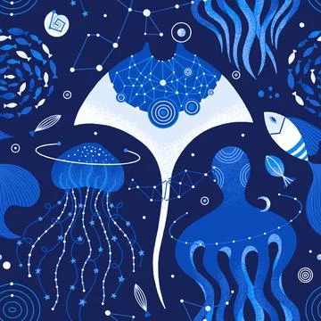 Vector seamless pattern of cosmic underwater life. Space background with sea  Stock Illustration
