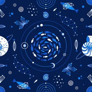 Vector seamless pattern of cosmic underwater life. Space blue background with 스톡 일러스트