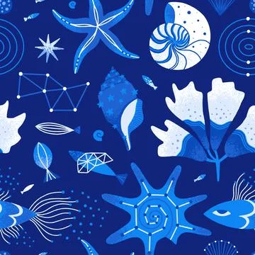 Vector seamless pattern of cosmic underwater life. Space background with sea  스톡 일러스트