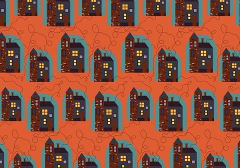 Vector seamless pattern of cottages and high-rise buildings 3 Stock Illustration