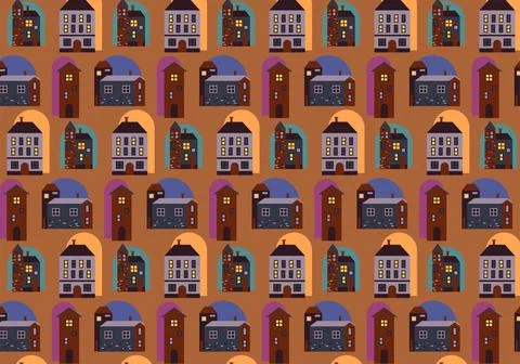 Vector seamless pattern of cottages and high-rise buildings 4 Stock Illustration