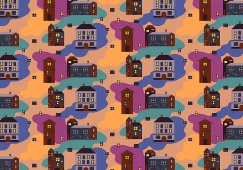 Vector seamless pattern of cottages and high-rise buildings 2 Stock Illustration