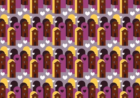 Vector seamless pattern of cottages and multi-story buildings and hearts 1 Stock Illustration