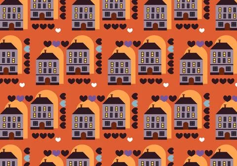 Vector seamless pattern of cottages and multi-story buildings and hearts 2 Stock Illustration
