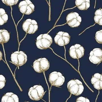 Vector seamless pattern with cotton branches. Hand-drawn ink illustration. Stock Illustration