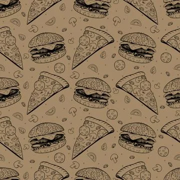 Vector seamless pattern, craft paper color, sketch. Fast food seamless backgr Stock Illustration