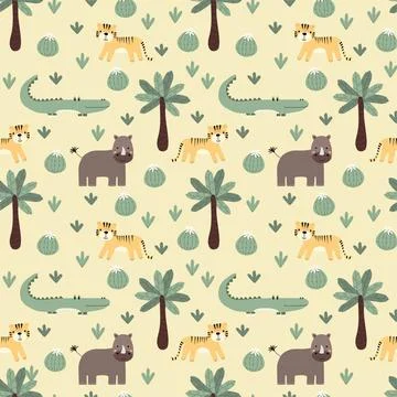 Vector seamless pattern with crocodile, rhinoceros, tiger.Tropical jungle Stock Illustration