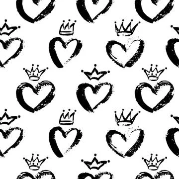 Vector Seamless Pattern of Crowns and Hearts. Messy Baby Princess and Prince Stock Illustration