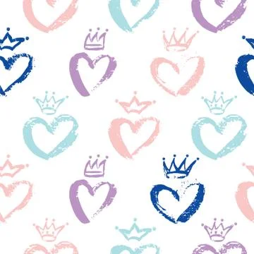 Vector Seamless Pattern of Crowns and Hearts. Messy Baby Princess and Prince Stock Illustration