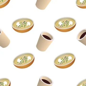 Vector seamless pattern with cup of coffee and plate of soup Illustrazione stock