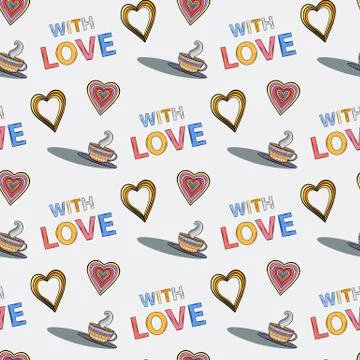 Vector seamless pattern with cup,abstract heart Stock Illustration