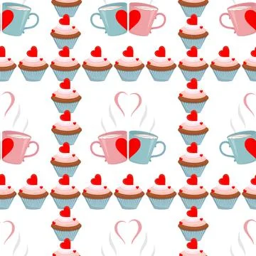 Vector seamless pattern. Cupcake. Love. Mugs with coffee. 스톡 일러스트