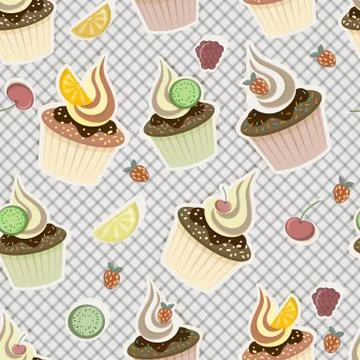 Vector seamless pattern with cupcakes,  fruits and berries Illustrazione stock