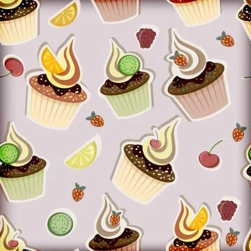 Vector seamless pattern with cupcakes,  fruits and berries Stock Illustration