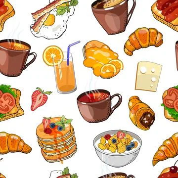 Vector seamless pattern with cups of coffee, tea, fried eggs and different fo Stock Illustration