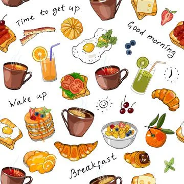 Vector seamless pattern with cups of coffee, tea, fried eggs and different fo Stock Illustration