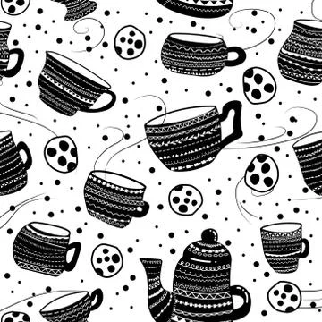 Vector seamless pattern with cups, kettle cookies Stock Illustration