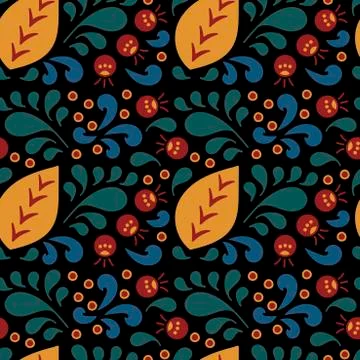 Vector seamless pattern of curls, spirals and berries on a black background.  Stock Illustration