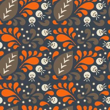 Vector seamless pattern of curls, spirals and berries on a black background.  Stock Illustration