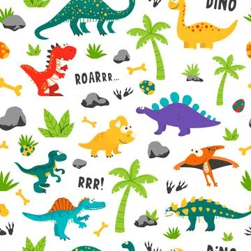 Vector Seamless Pattern. Cute and Funny Flat Dinosaurs - T-rex, Stegosaurus Stock Illustration