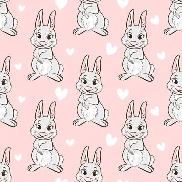 Vector Seamless Pattern with Cute and Funny Rabbit, Hare in Love, Line Art Stockillustratie