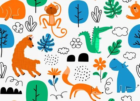 Vector seamless pattern with cute animal. Illustrazione stock