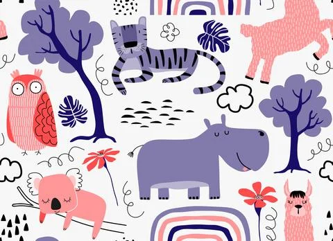 Vector seamless pattern with cute animal. Illustrazione stock