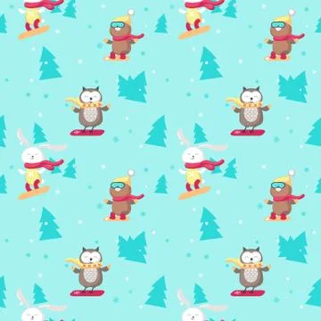 Vector seamless pattern with cute animals snowboarding Stockillustratie