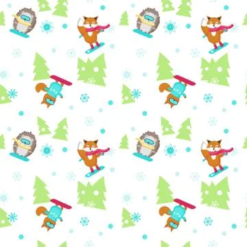 Vector seamless pattern with cute animals snowboarding Illustrazione stock